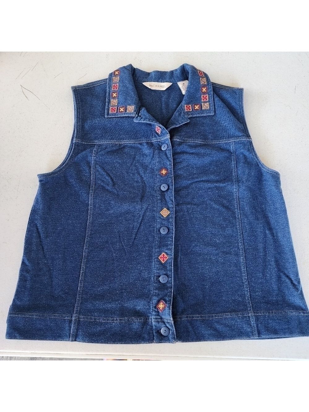 Bechamel sz M vintage soft quilters square embroidered design jean colored vest